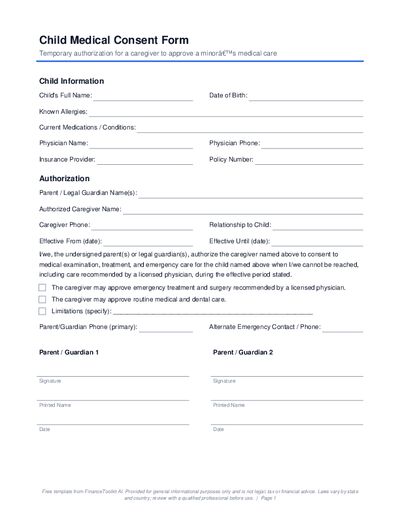 Preview of Child Medical Consent Form