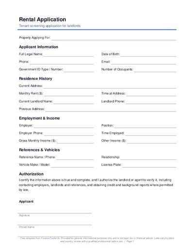 Preview of Rental Application