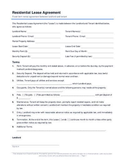 Preview of Residential Lease Agreement