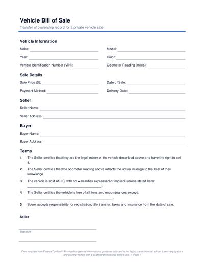 Preview of Vehicle Bill of Sale